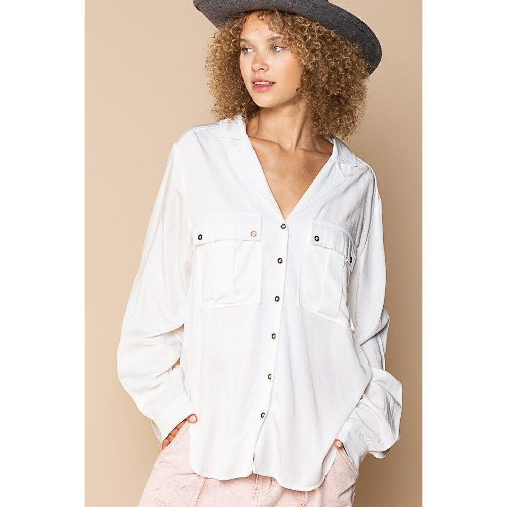 SALE! POL Button Up Dad Shirt Shacket Top Oversized Fit Off White SMT2054